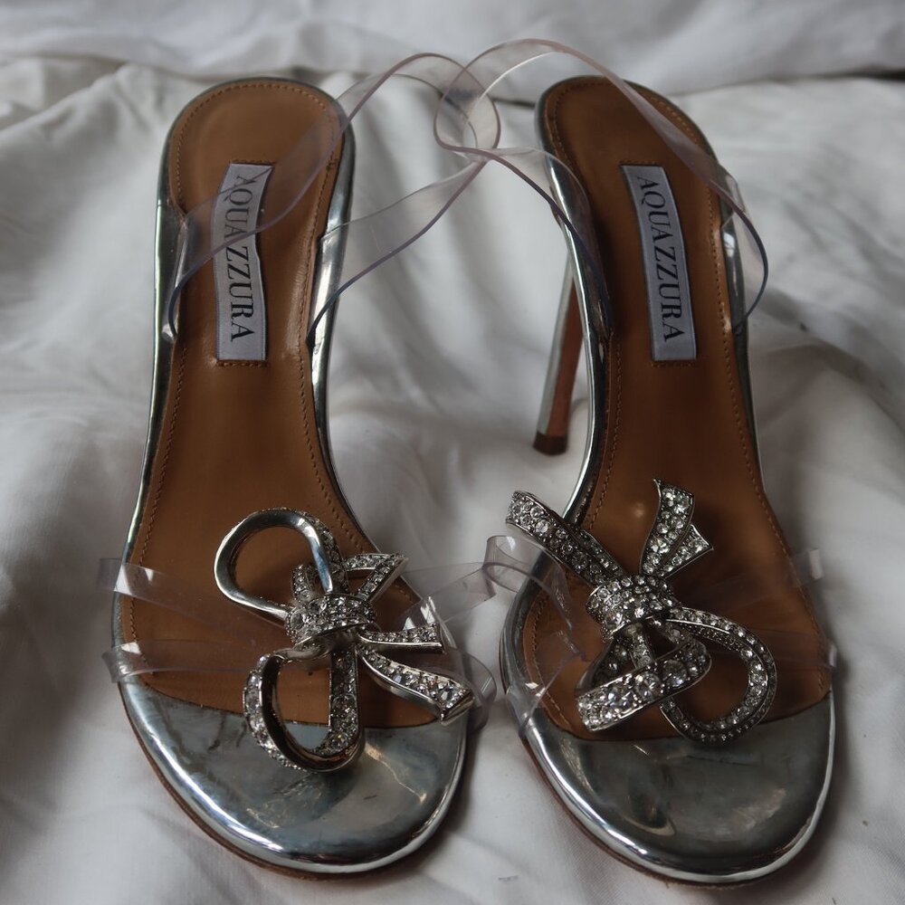Aquazzura Babe 105 plexi crystal-bow slingback sandals